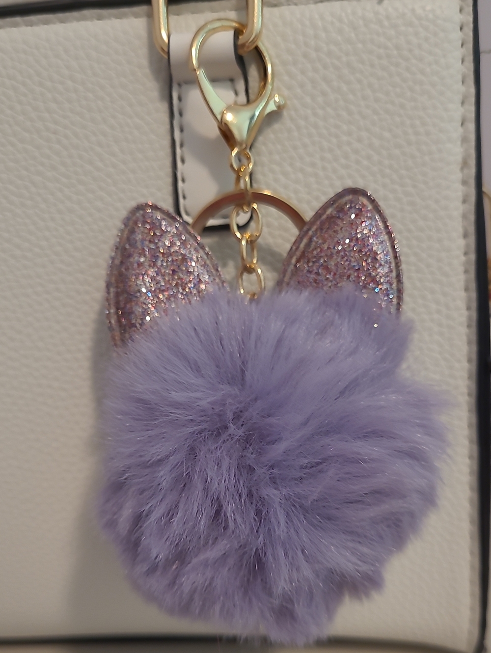 Lavender Fuzzy Pom Keychain with Glitter Cat Ears